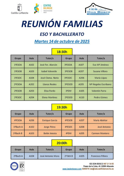 REUNIÓN DE FAMILIAS CON TUTORES ESO Y BACHILLERATO